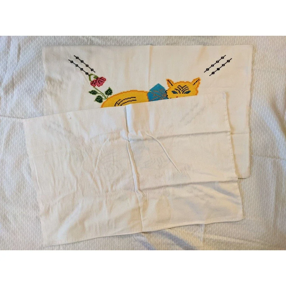 Vintage Mid-Century Needlepoint Cat & Flowers Pillowcases Handmade Pair Folk Art